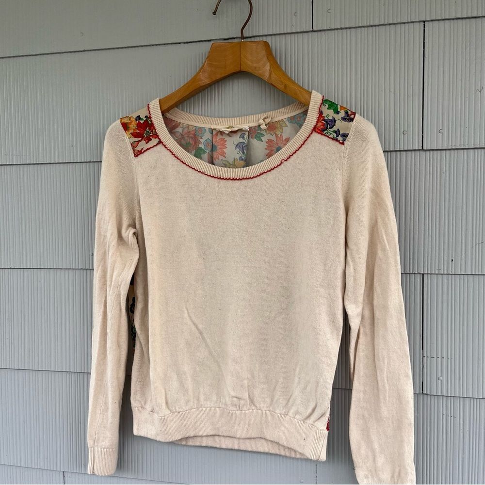Anthropologie HWR Sweater Sheer Floral Print Back Cotton Cashmere Blend Large